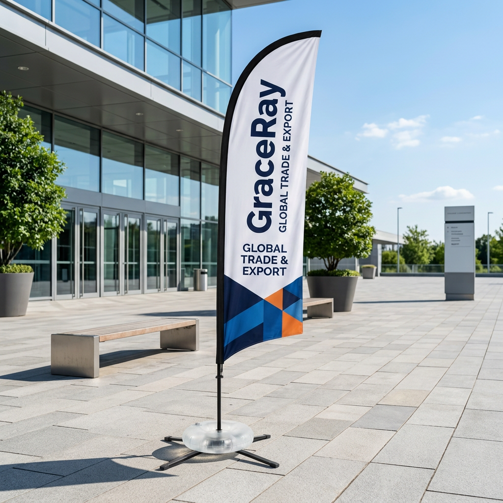 Custom feather flag banner standing outside a trade show convention center entrance plaza