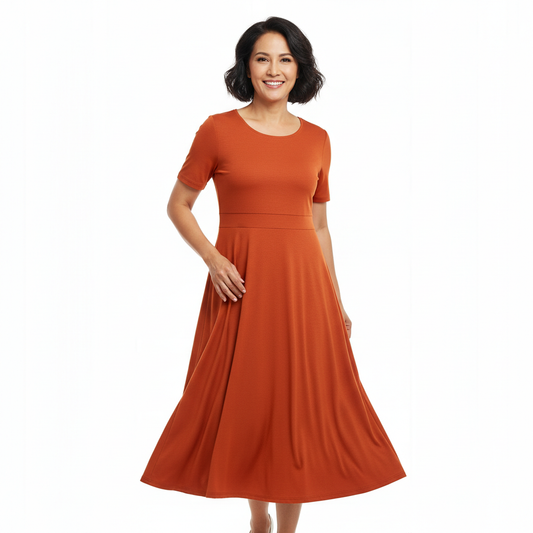 Front view of round neck a-line midi dress with waist seam on white background