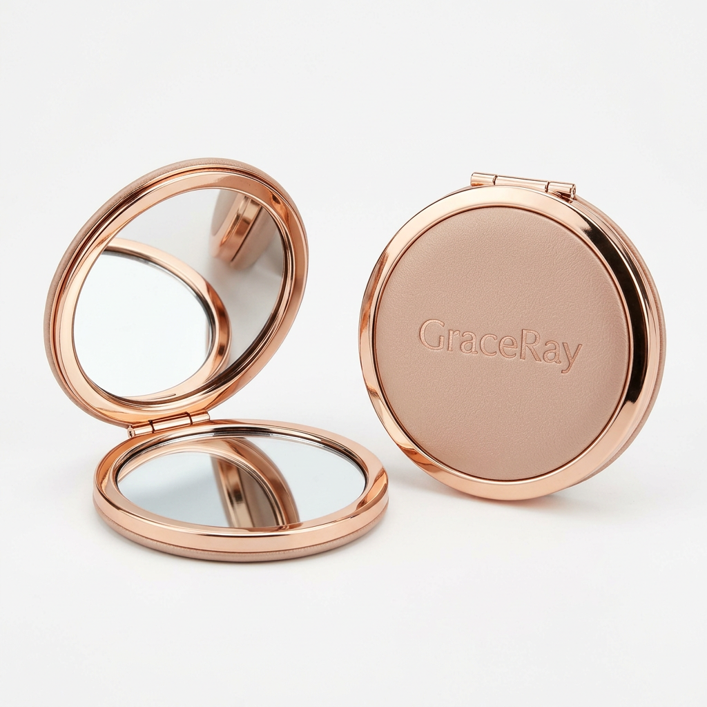 Custom logo compact mirror with a folding case for personal grooming and promotional use.