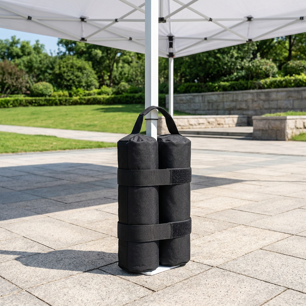 Dual-cylinder canopy weight bag strapped securely around the base leg of a white pop-up canopy tent on a paved outdoor walkway