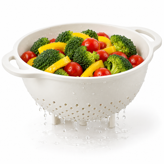 Plastic kitchen colander filled with washed vegetables and water dripping through drainage holes on pure white background