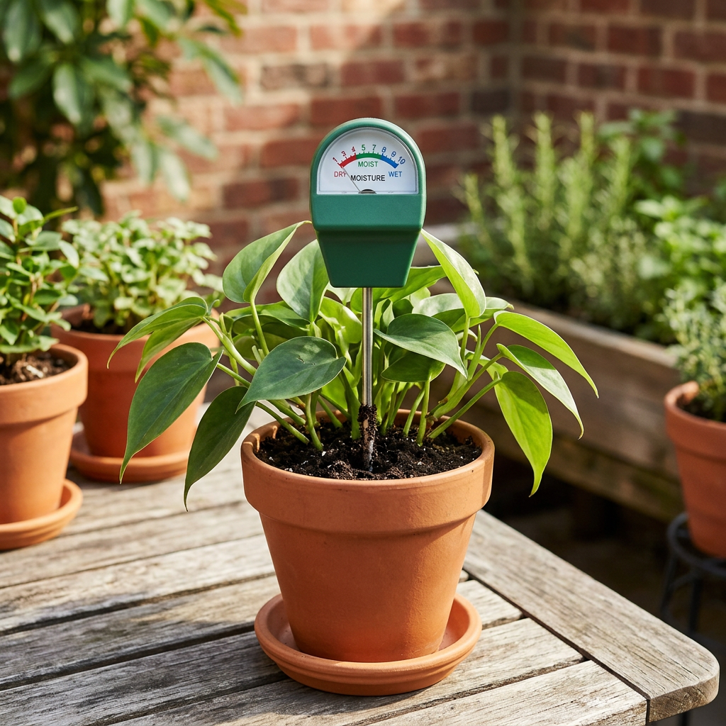 Single-probe soil moisture meter inserted into potting soil of a healthy potted plant in an outdoor garden patio in natural sunlight