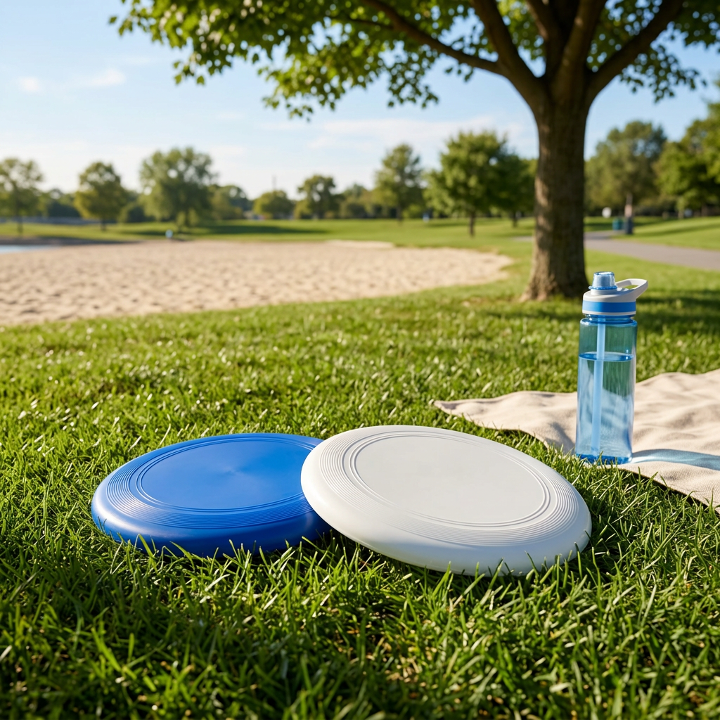 Outdoor flying discs resting on a sunlit green park lawn next to a picnic blanket