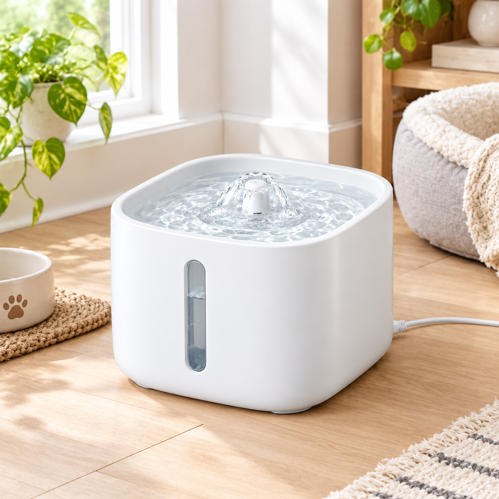 Operating automatic pet water fountain circulating fresh water on home hardwood floor