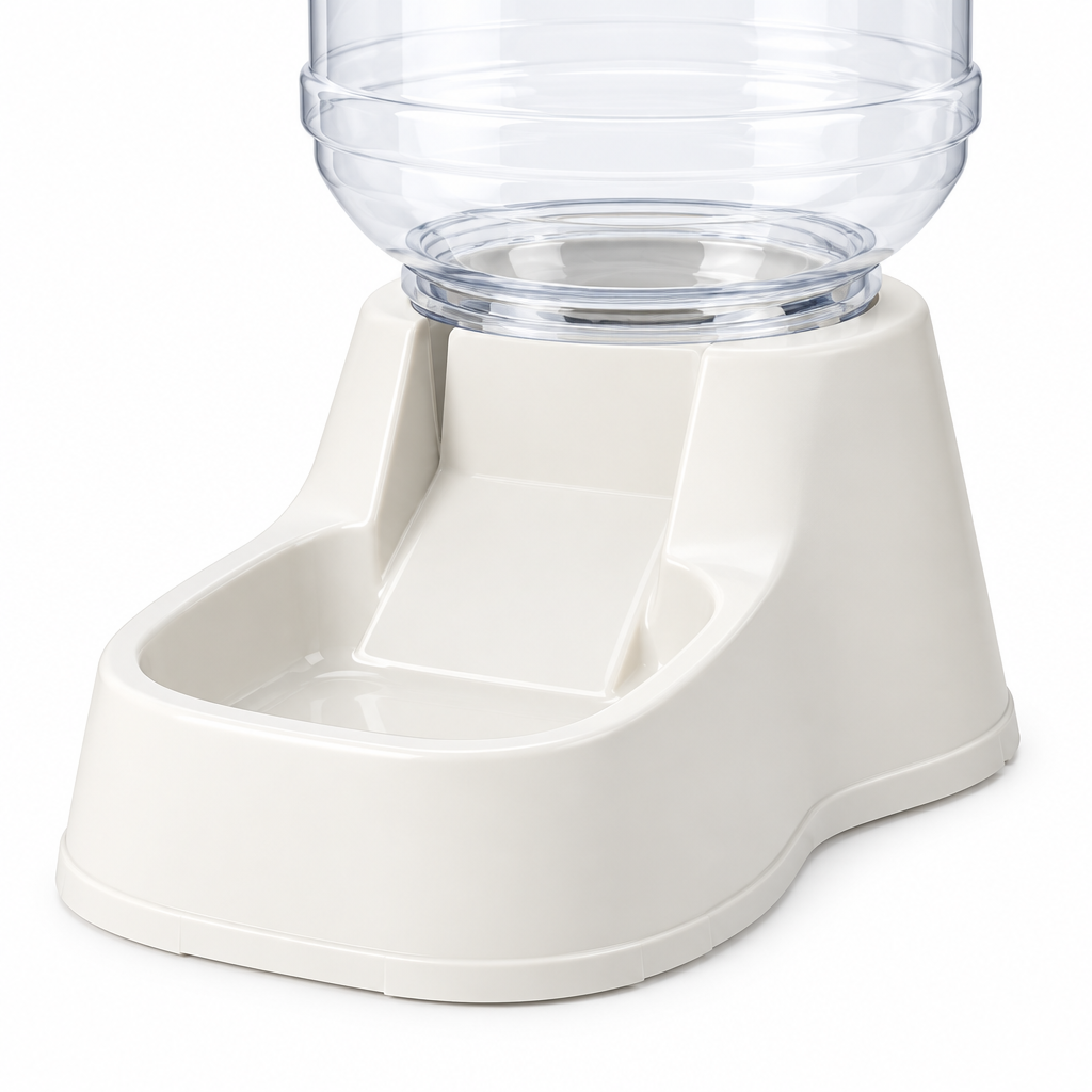 Close-up detail of food dispensing outlet chute and base ramp of gravity pet feeder