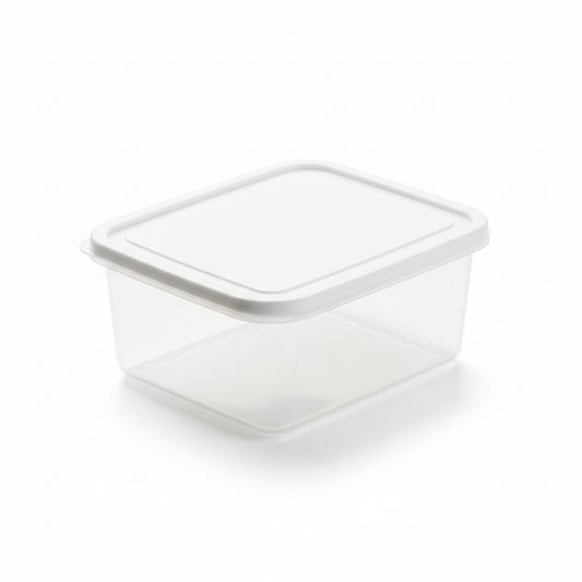 Rectangular clear food storage box with white press-fit lid on pure white background
