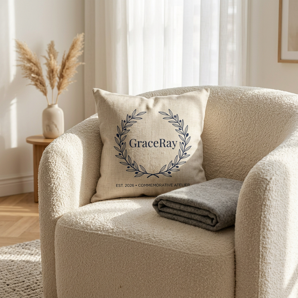 Custom personalized fabric cushion resting on an armchair in a cozy Scandinavian living room