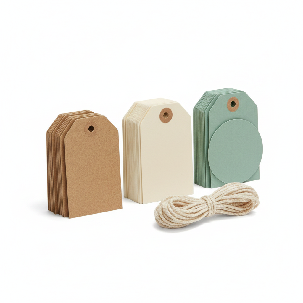 Stacks of blank kraft, cream and muted aqua cardstock gift tags in multiple shapes with punched holes and a coil of cotton twine.