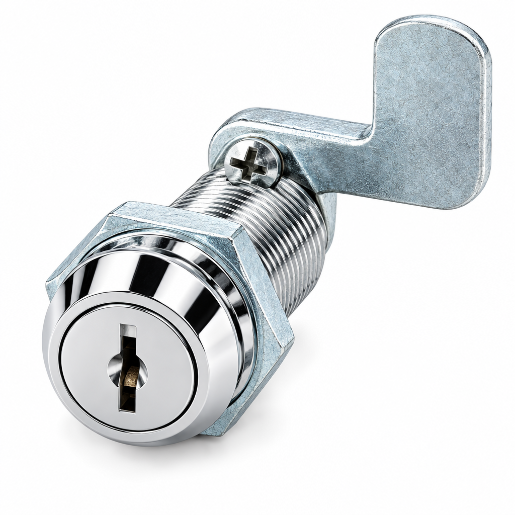 Macro close-up of threaded cylinder cabinet cam lock showing locking cam arm, mounting nut, and keyway face