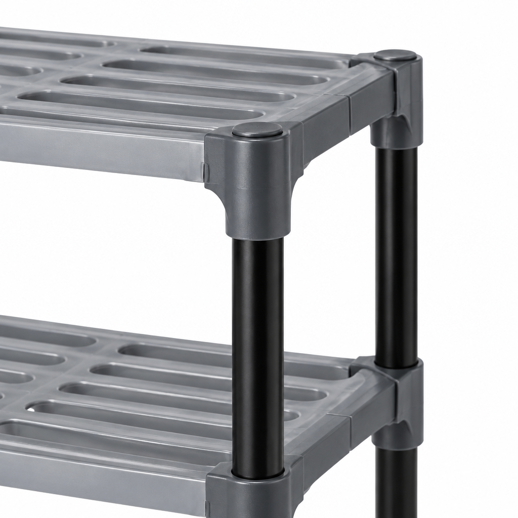 Close-up of the shoe rack corner connector, steel tube frame and slatted plastic shelf