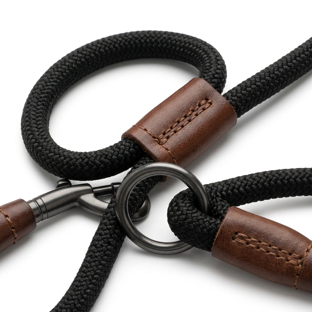 Macro close-up detail of metal O-ring glide, stitched leather slide stopper, and braided climbing rope texture