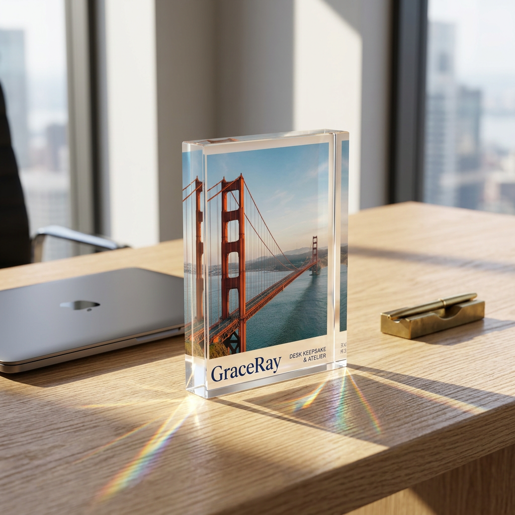 Freestanding acrylic desk photo block displayed on an oak executive office workstation desk