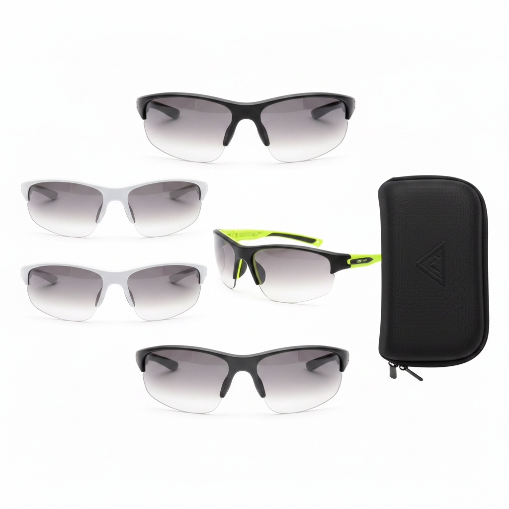 Assorted frame color options of photochromic sports glasses with EVA case on white background