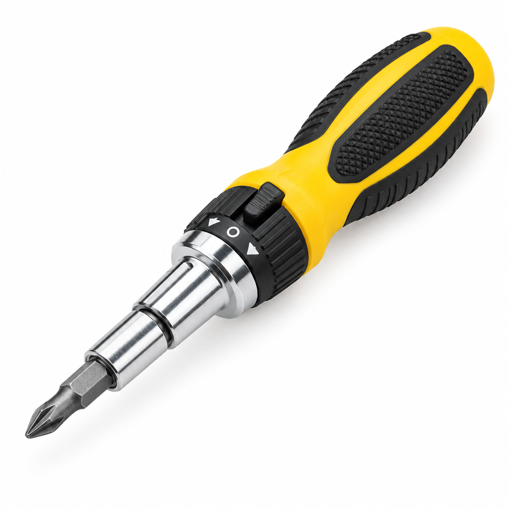 Reversible ratcheting screwdriver with 1/4 inch magnetic bit holder and dual-color ergonomic handle on a seamless pure white background