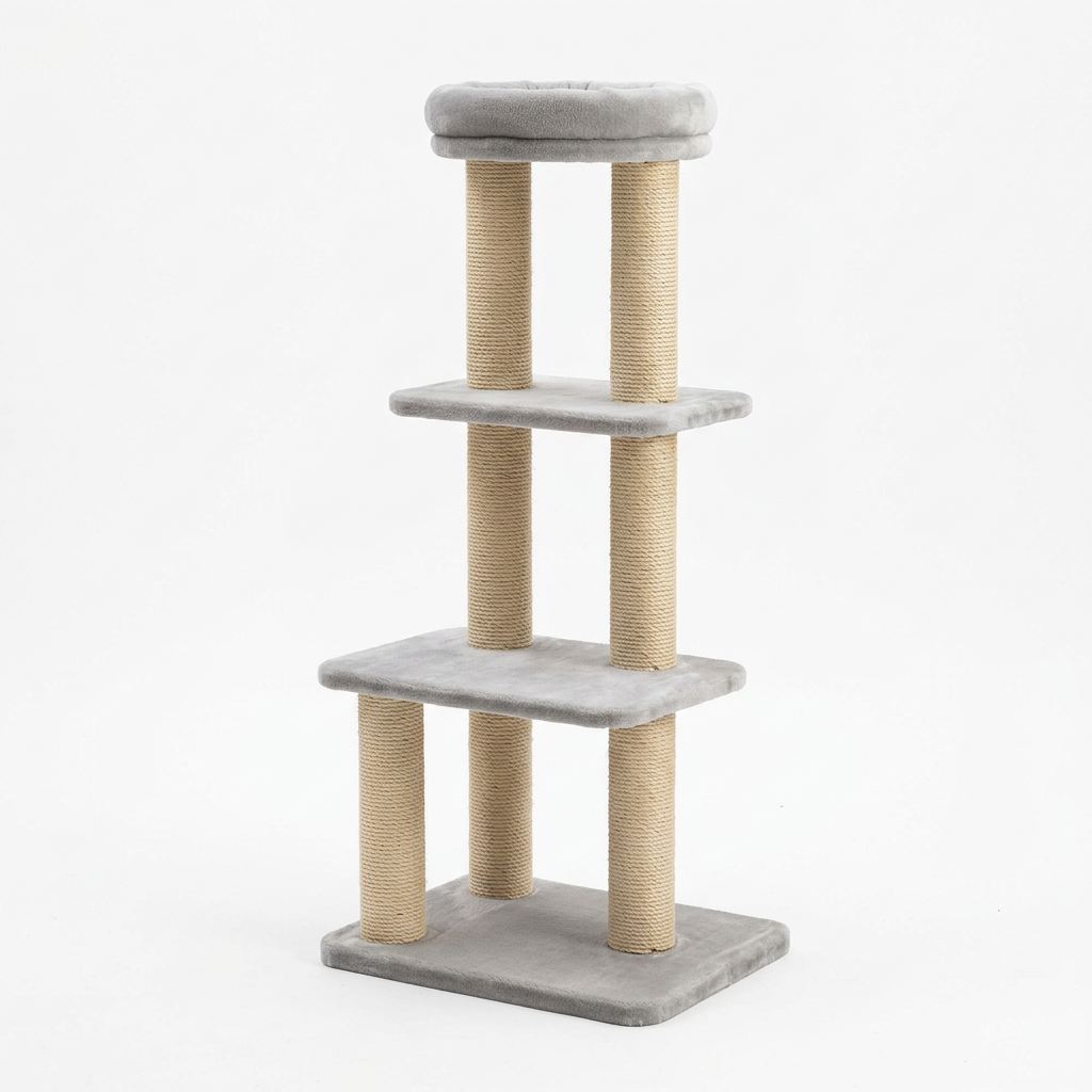 Multi-level cat tree with scratching posts showing three stepped plush platforms, sisal posts, and base on pure white background