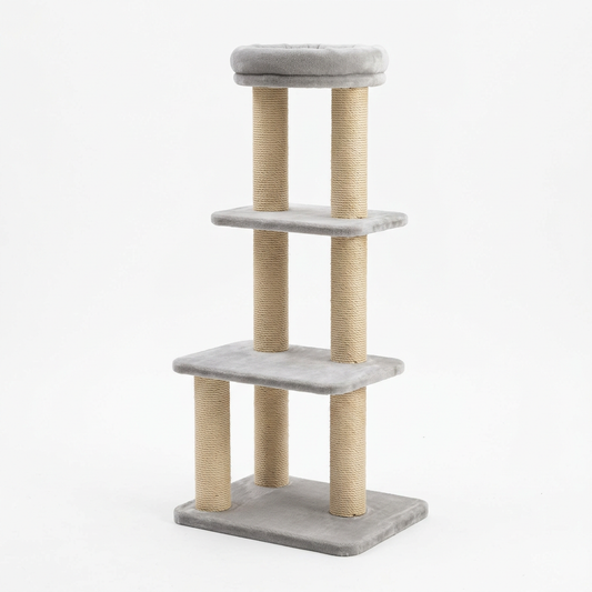 Multi-level cat tree with scratching posts showing three stepped plush platforms, sisal posts, and base on pure white background