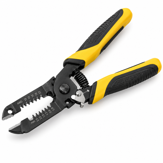 7-inch multi-function wire stripping tool and cutter with black phosphate steel finish, laser-etched AWG markings, and yellow-black ergonomic handles on a seamless pure white background