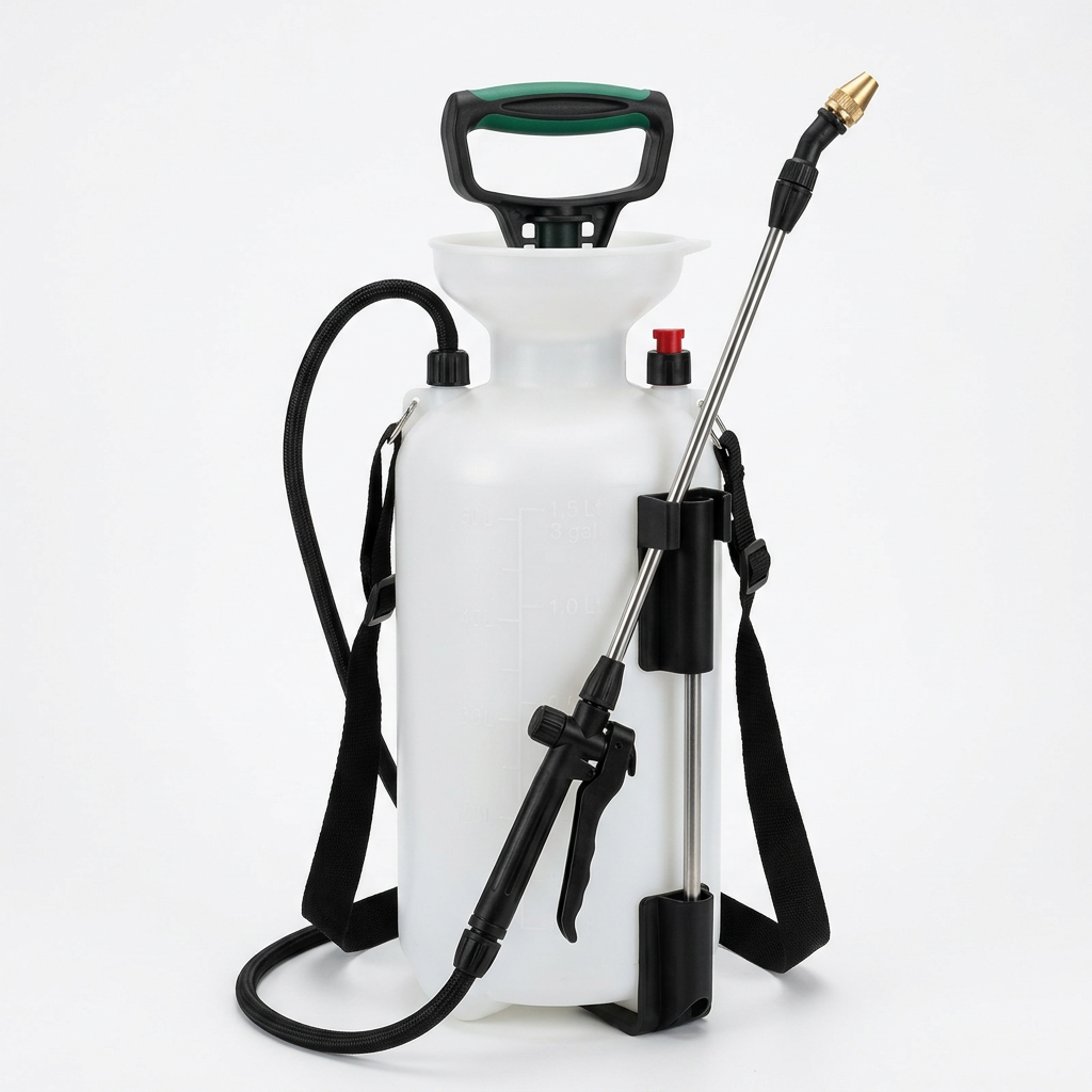 Single complete 5L manual garden pressure sprayer with pump handle, tank, hose, strap, and spray wand on pure white background