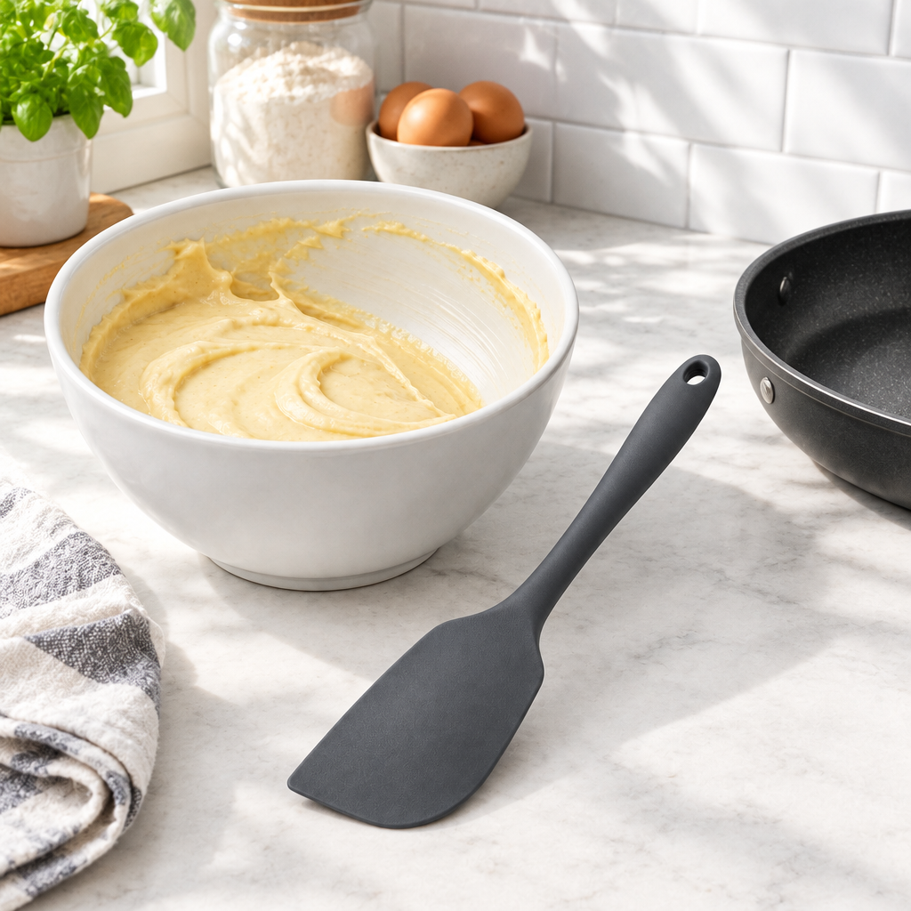 Silicone kitchen spatula resting beside mixing bowl with batter and frying pan on kitchen countertop