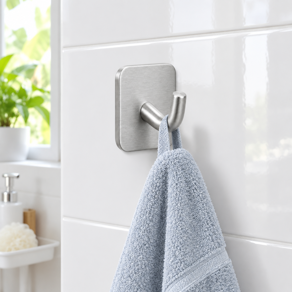 Stainless steel self-adhesive wall hook mounted on smooth bathroom tile holding a lightweight towel