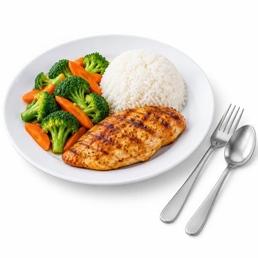 Round white melamine dinner plate served with steamed rice, fresh broccoli, carrots, and golden grilled chicken with fork and spoon on a seamless pure white background