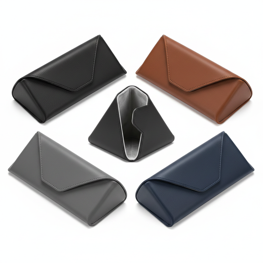 Assorted PU leather color options of foldable triangle eyeglass cases on white background