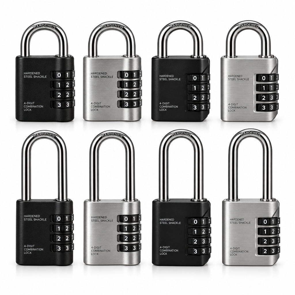Heavy-duty 4-digit zinc alloy combination padlocks with hardened steel shackles in standard and long-shackle configurations on a pure white background