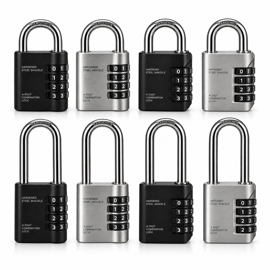 Heavy-duty 4-digit zinc alloy combination padlocks with hardened steel shackles in standard and long-shackle configurations on a pure white background