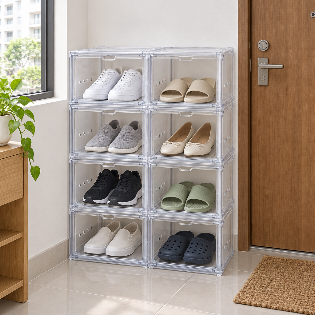 Clear stackable shoe boxes in an apartment entryway holding sneakers, sandals and casual shoes