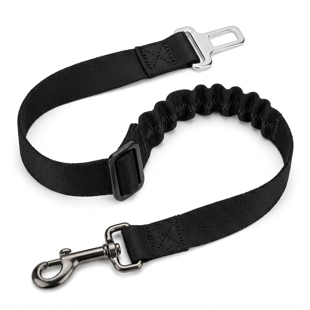 Adjustable pet car seat belt restraint strap showing vehicle buckle latch, bungee section, and swivel snap clip on pure white background