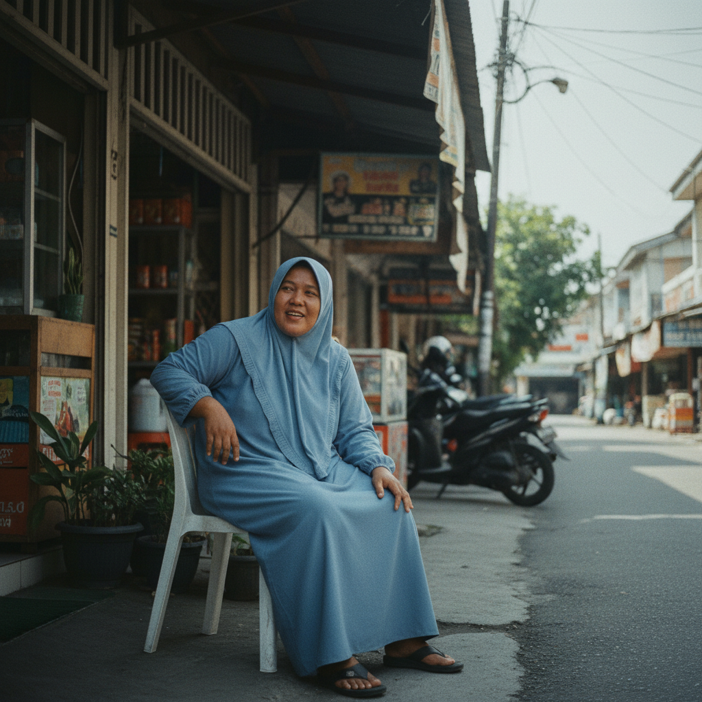Indonesian Muslim woman blue long sleeve modest dress chatting