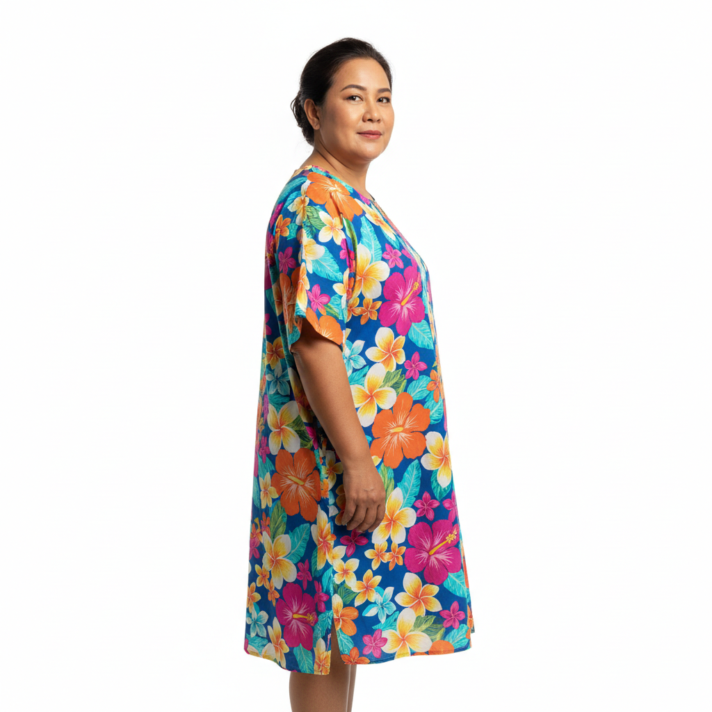 Thai middle-aged plus size woman side pose floral cotton dress