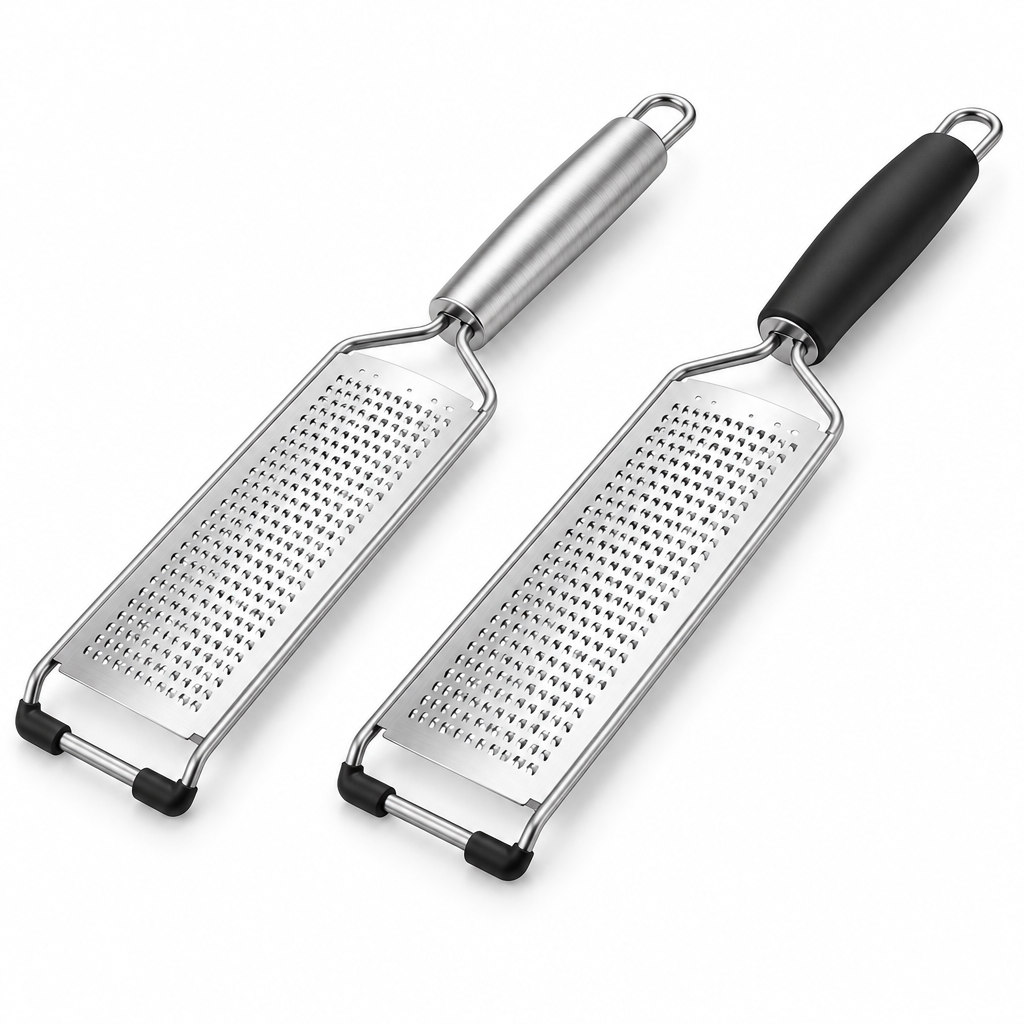 Paddle kitchen graters in classic stainless steel and ergonomic black handle finishes on pure white background
