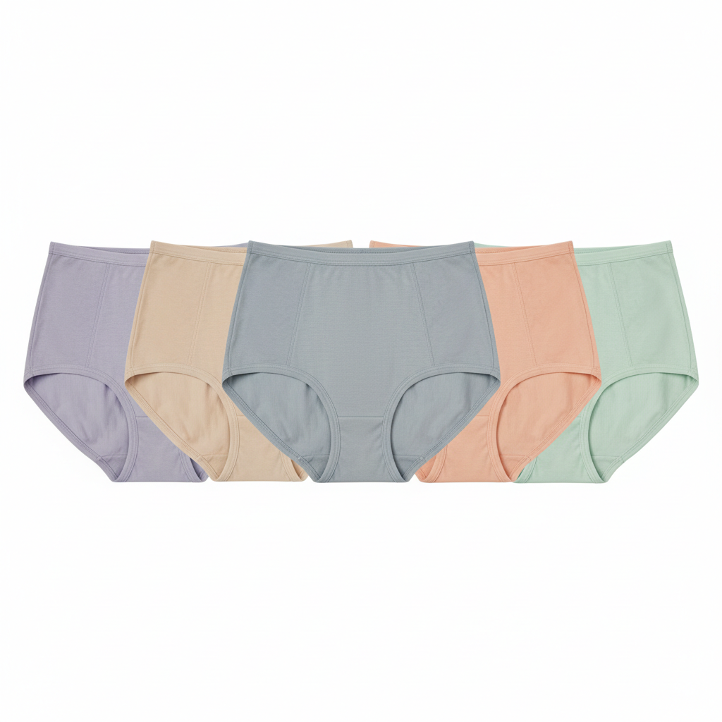 Front view of 5-piece set of high waist cotton briefs arranged side-by-side on white background
