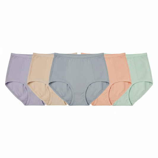 Front view of 5-piece set of high waist cotton briefs arranged side-by-side on white background