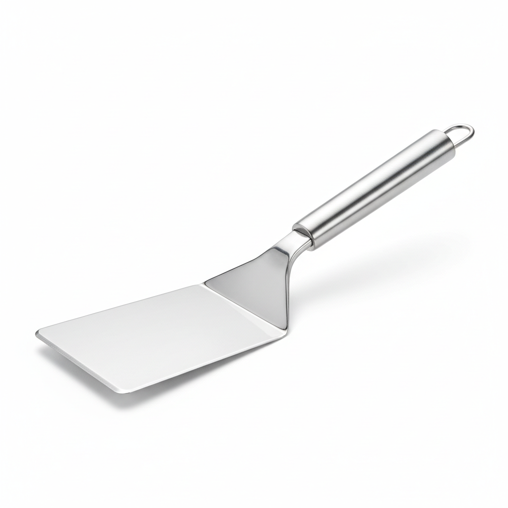 Wide blade stainless steel kitchen turner with beveled front edge on pure white background