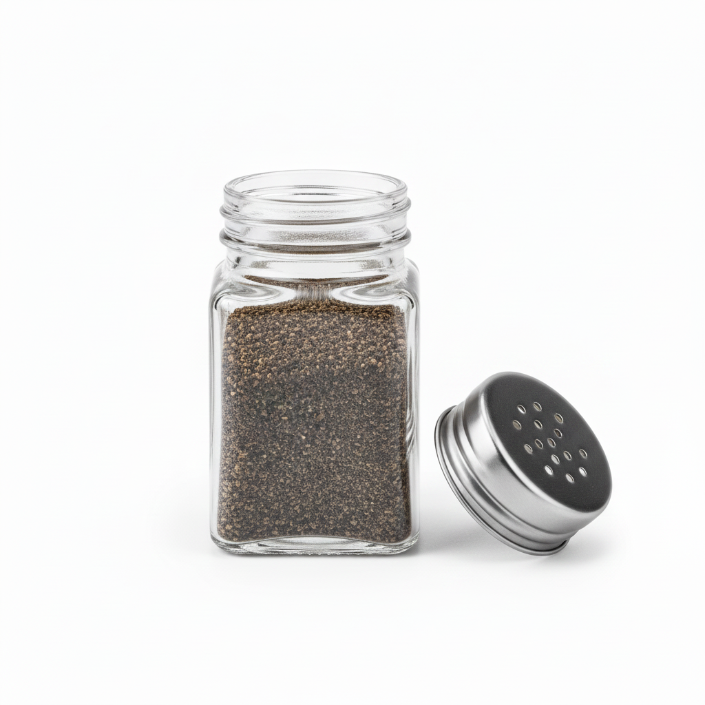 Glass spice jar with unscrewed shaker lid demonstrating refill opening on pure white background