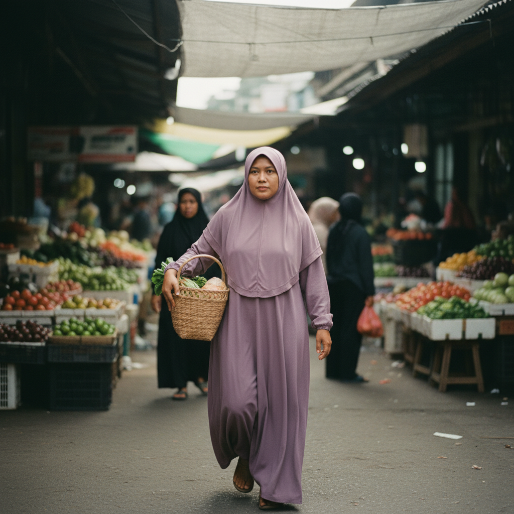 Indonesian Muslim woman purple modest dress shopping at market