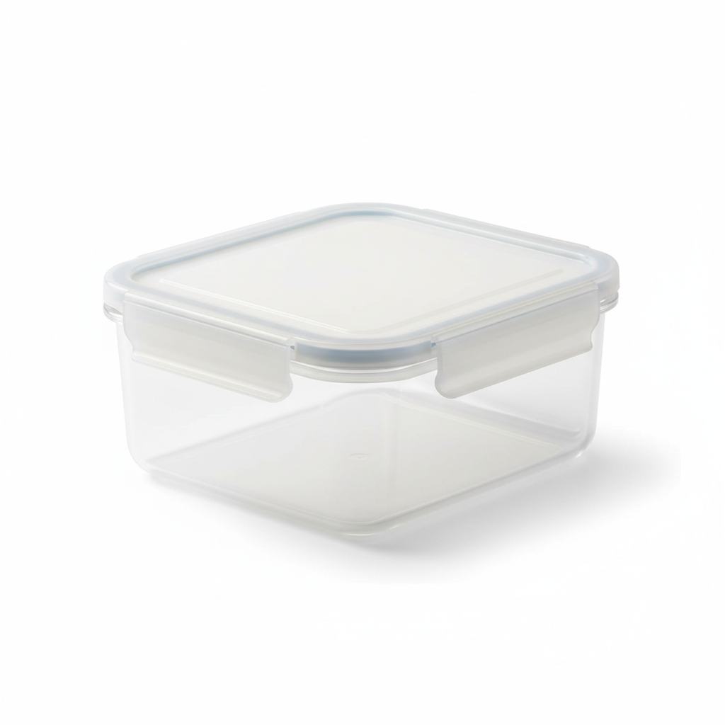 Airtight food storage container with white locking lid closed on pure white background