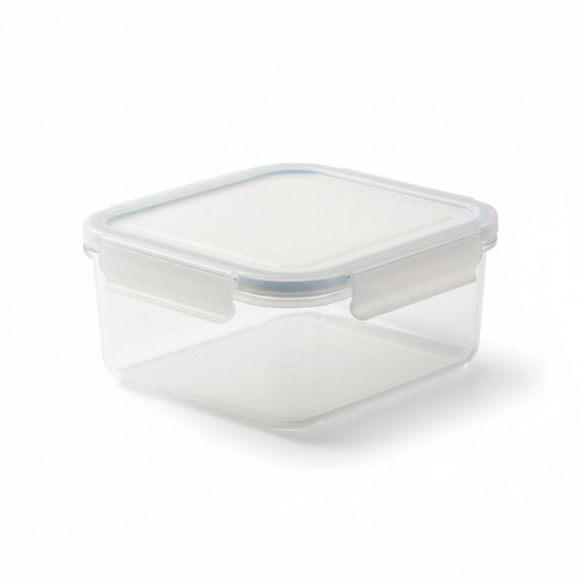 Airtight food storage container with white locking lid closed on pure white background