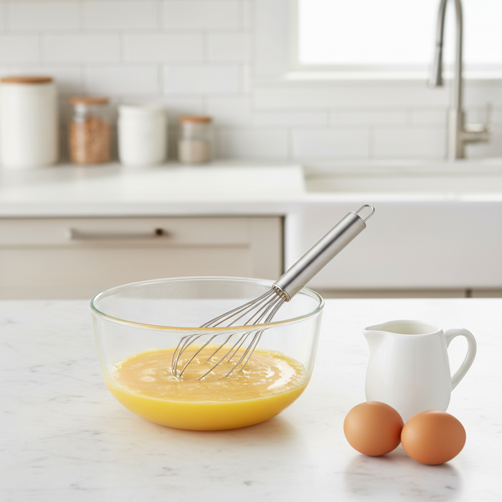 Stainless steel whisk resting in glass mixing bowl with whisked golden egg batter on marble counter
