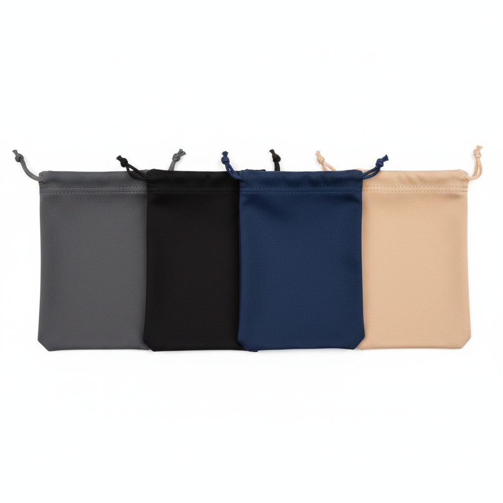 Assorted fabric color options of soft microfiber eyeglass pouches flat lay on white background