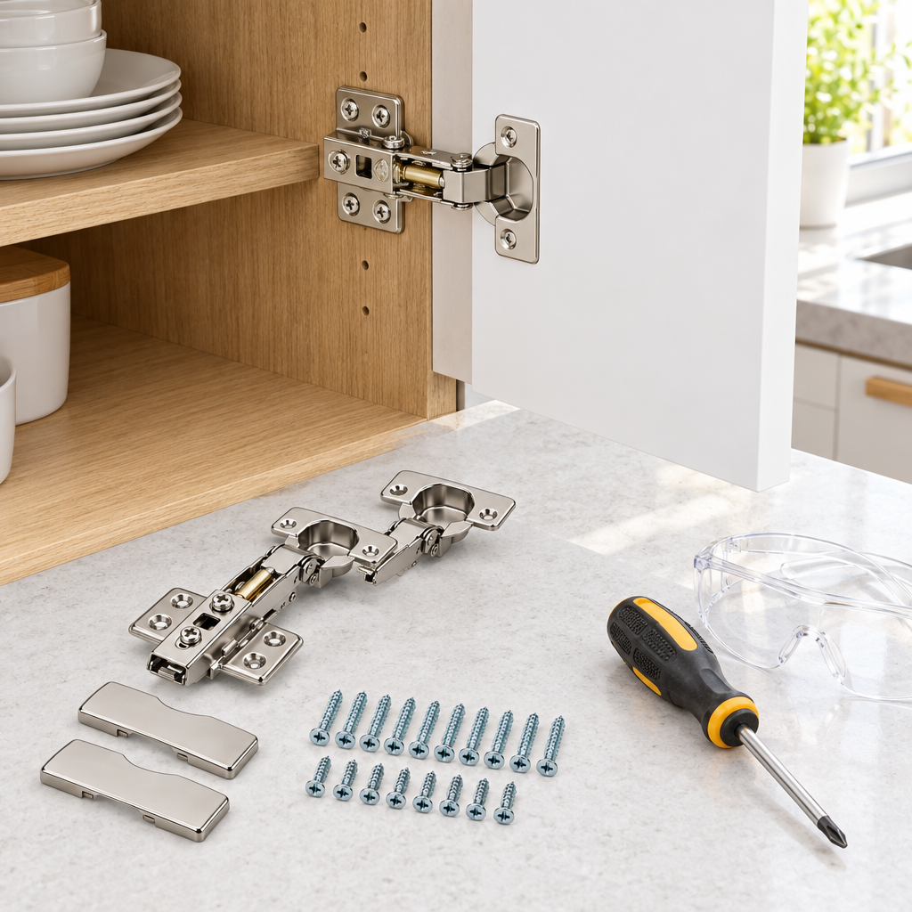 Concealed hydraulic soft close hinge mounted inside a wood grain kitchen cabinet door open at 90 degrees with screwdriver nearby