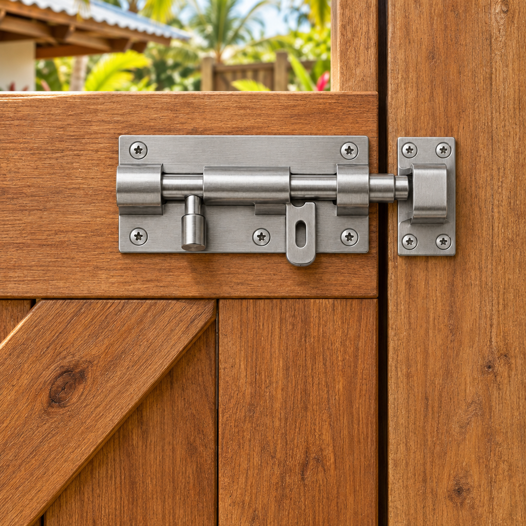 Brushed stainless steel sliding barrel bolt door latch installed and securely locked on a wooden door gate