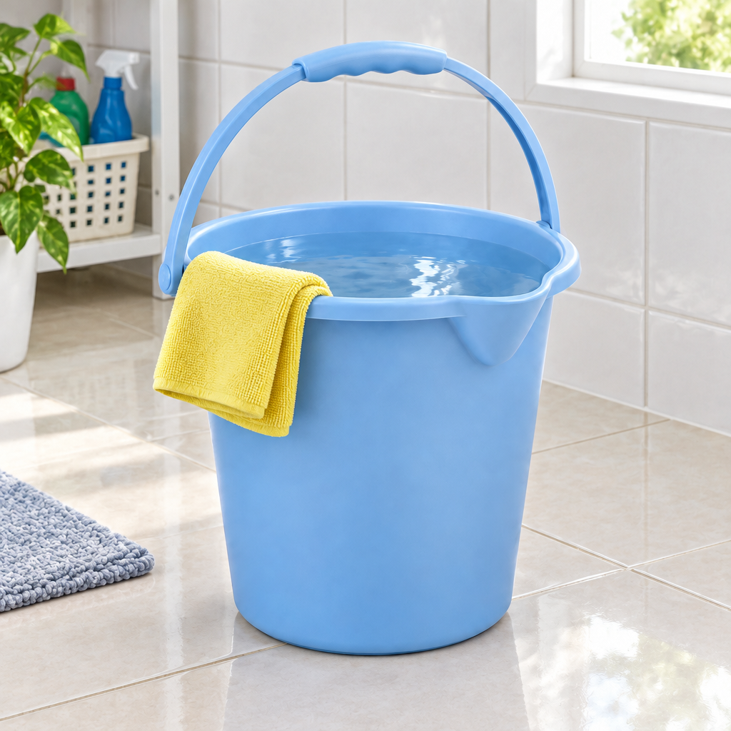 Plastic household bucket with cleaning water and cloth on tiled floor in domestic utility area