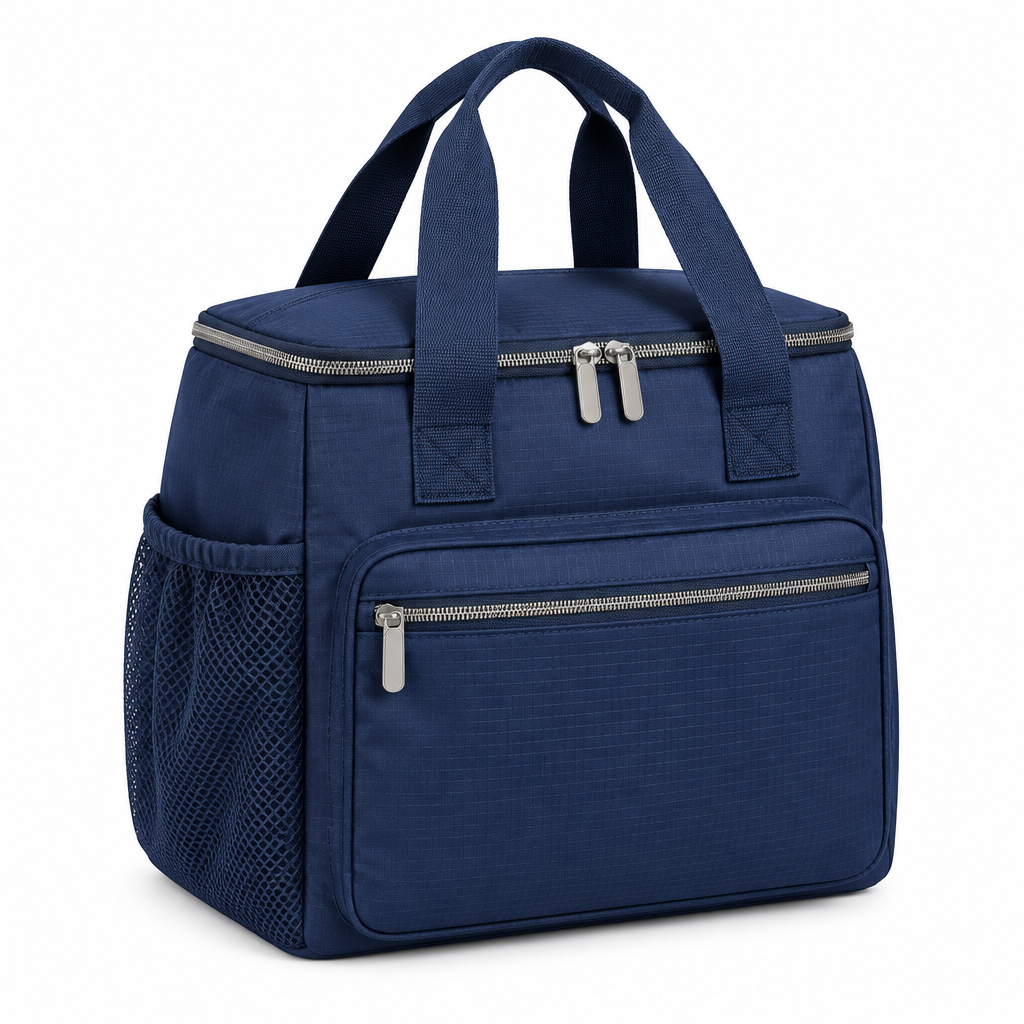 Navy blue wide-mouth insulated lunch bag tote with carry handles and side mesh pocket on white background