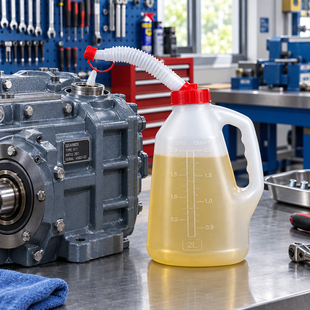 Manual oil dispenser positioned beside industrial gearbox lubrication port in workshop scene