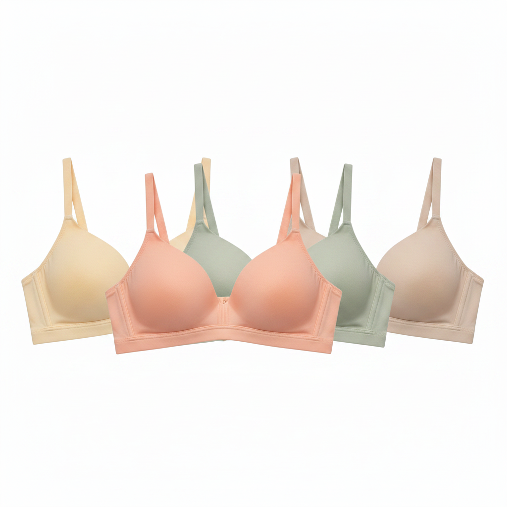 Multi-color flat lay of non-padded bra in four gentle solid colors side-by-side