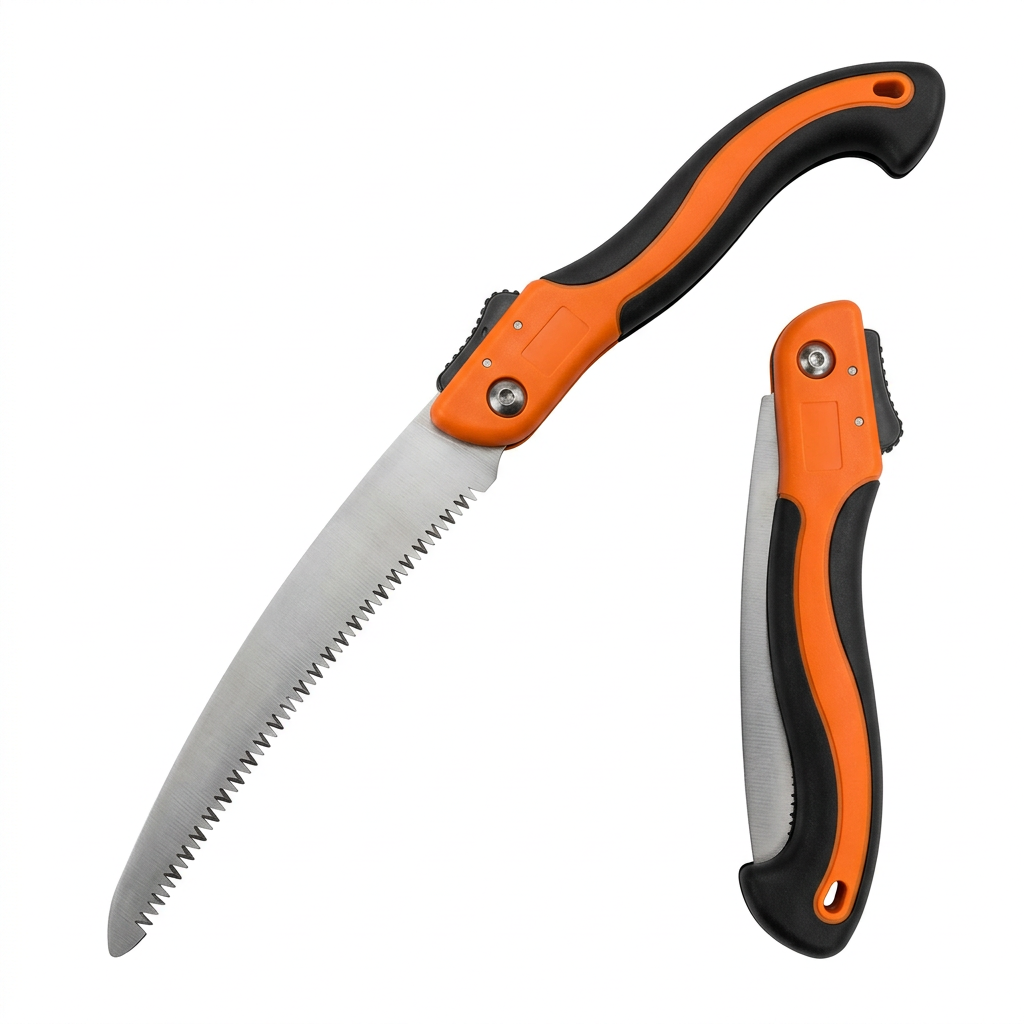 Folding pruning saw displayed both fully opened in locked cutting position and folded compactly on pure white background