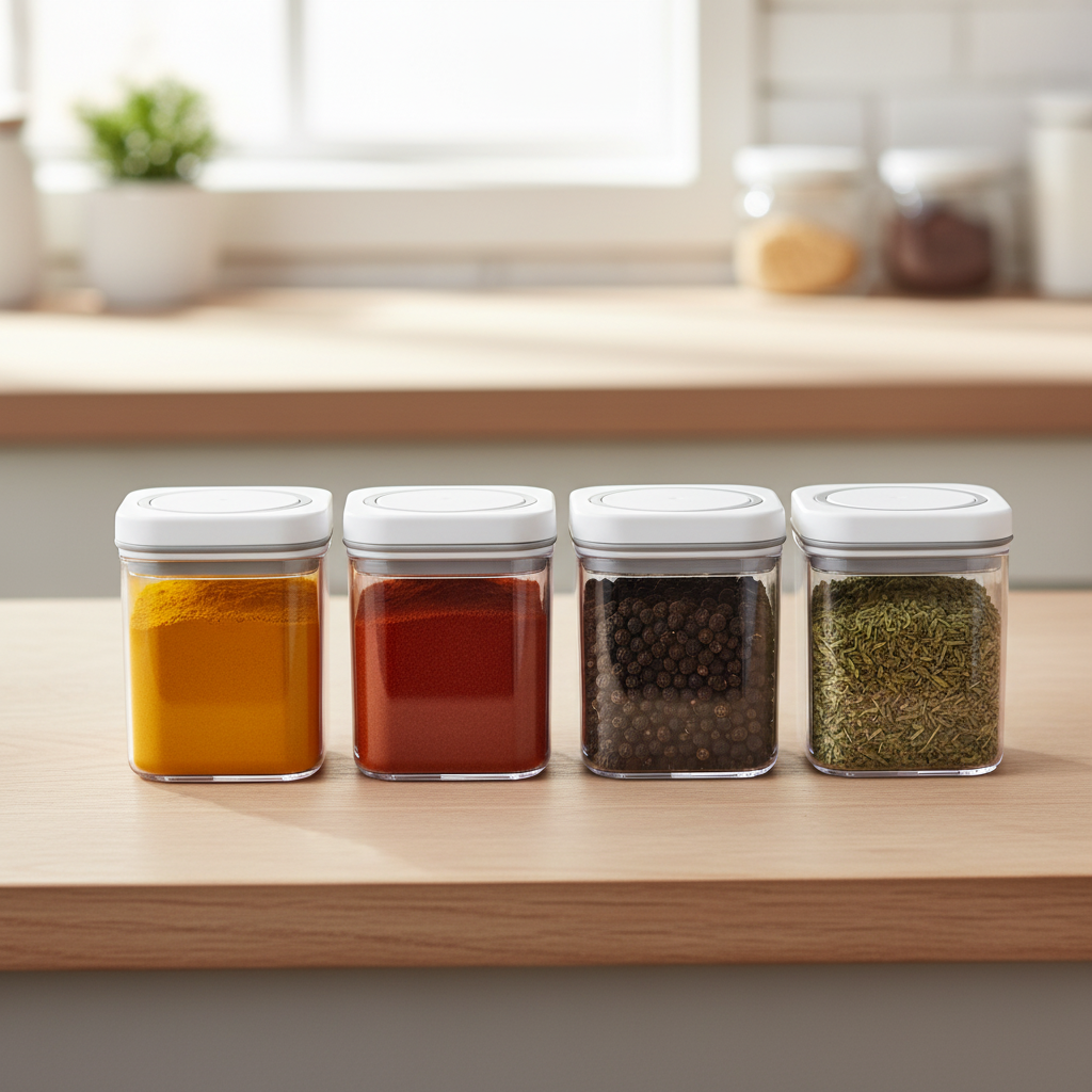 Multiple clear spice containers filled with turmeric, paprika, and peppercorns on kitchen shelf
